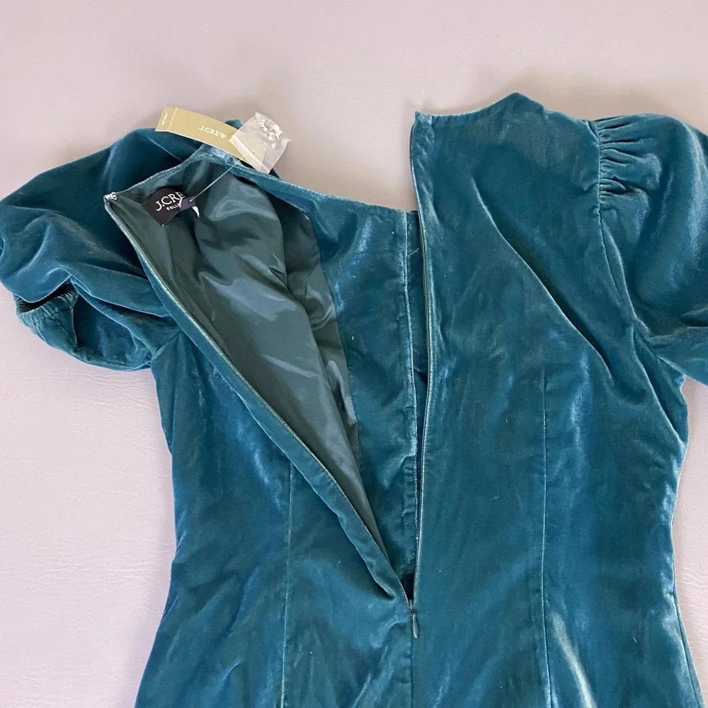 J.Crew‎ Collection Velvet Puff Mini Dress Women's Size 4 Teal Sleeve Rosette NWT